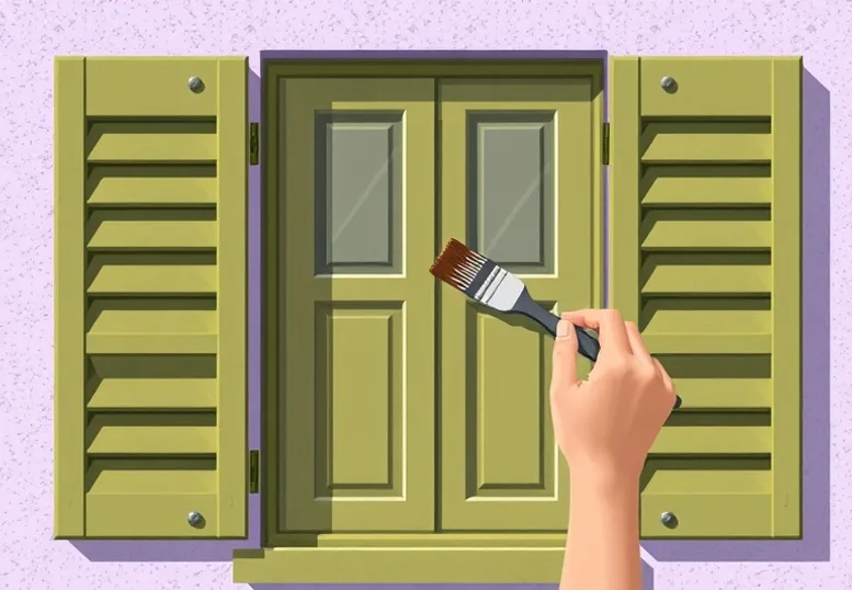 Mise en peinture au pinceau de volets et d'encadrements en bois