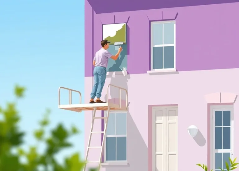 Peintre sur échafaudage traitant la façade d'une maison