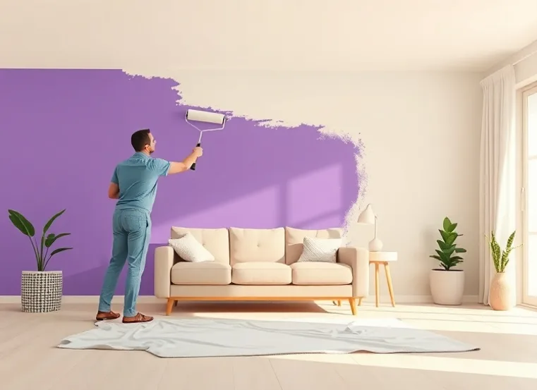 Peintre appliquant la peinture au rouleau sur un mur de salon